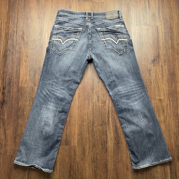 Salvage Mayhem Boot Regular Fit Jeans Men's 34S Blue Denim Buckle Pants Logo - Picture 2 of 10